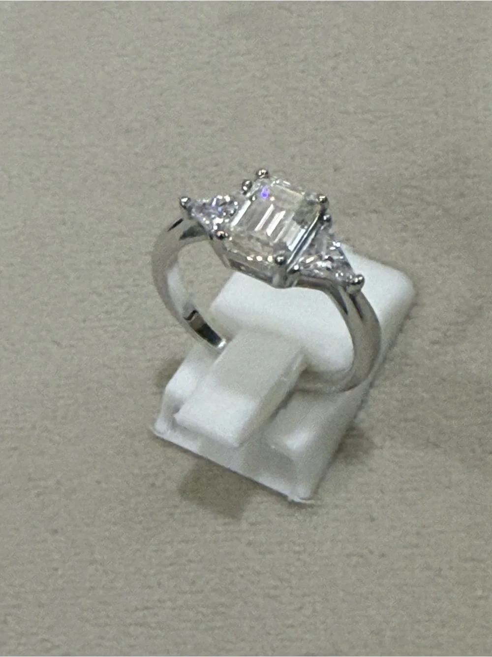 Emerald-Cut Clear Stone Three-Stone Silver Ring - White